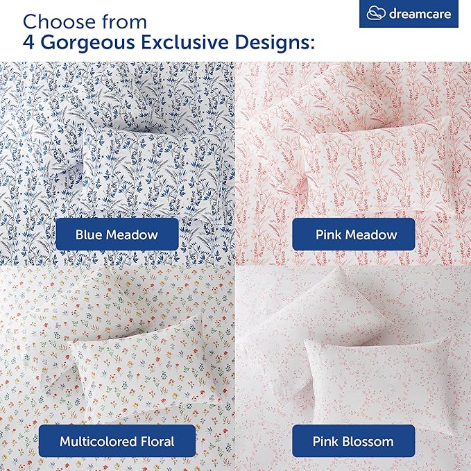DREAMCARE Queen Size Sheets - Cooling Bed Sheets - 4pcs Set - Queen Sheet Set - Sheets Queen Size Bed - Queen Size Sheet Sets - Soft & Long Lasting 100% Fine Brushed Floral Sheets - Floral Blue