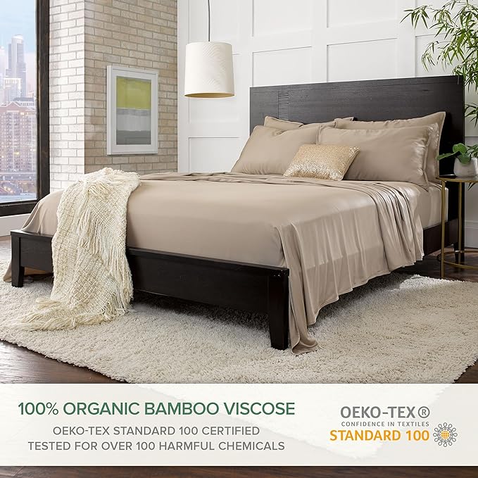 Queen Sheets by Pure Bamboo, Genuine 100% Organic Viscose Derived from Bamboo Bed Sheet Set, Luxuriously Soft & Cooling, Double Stitching, Lifetime Quality Promise (Queen, Sand)