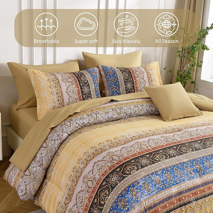 Boho King Size Comforter Set 8 Pieces, Yellow Bohemian Striped Bed in a Bag, Paisley Soft Microfiber Bedding Comforter Set