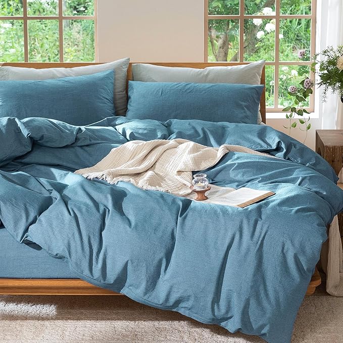 MooMee Bedding Duvet Cover Set 100% Washed Cotton Linen Like Textured Breathable Durable Soft Comfy (Heathered Peacock Blue, King 104"x90")