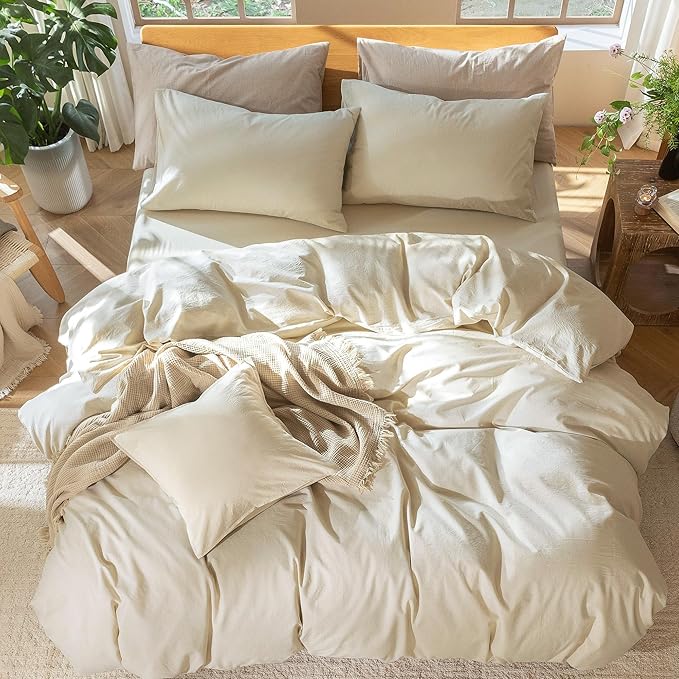 MooMee Bedding Duvet Cover Set 100% Washed Cotton Linen Like Textured Breathable Durable Soft Comfy (Heathered Almond Milk Grey, Cal King 104"x98")