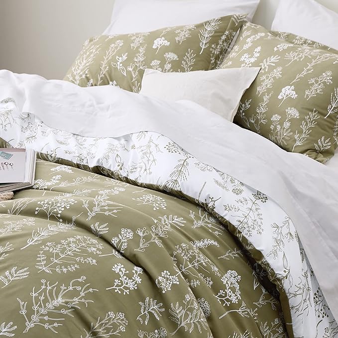 Bedsure California King Comforter Set - Olive Green Bed Set, 3 Pieces Cute Floral Bedding, 1 Soft Reversible Botanical Flowers Comforter and 2 Pillow Shams