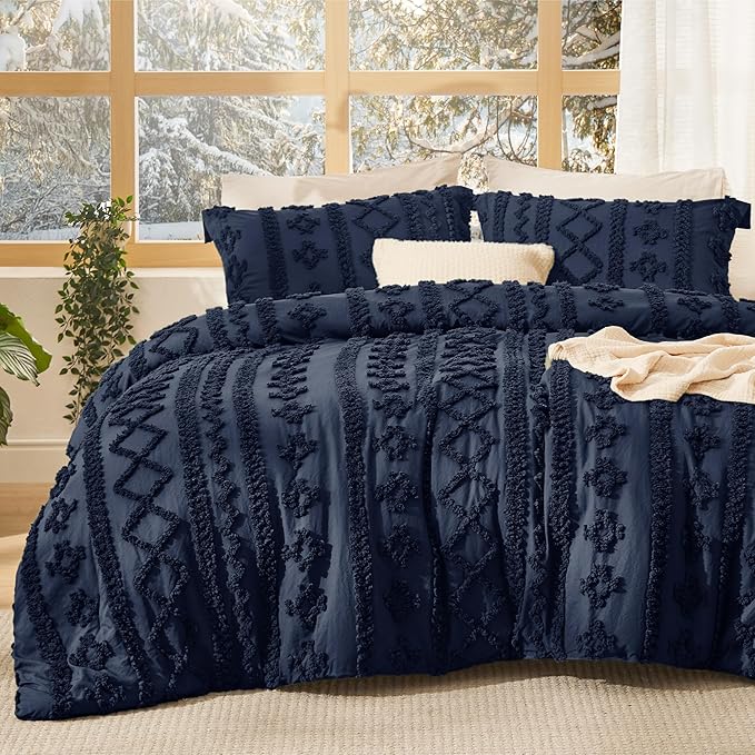 Bedsure Tufted Boho Comforter Set Twin Size - Navy Boho Bed Set, GentleSoft™ 2 Pieces Farmhouse Shabby Chic Embroidery Bedding, Gifts for Woman, Soft Jacquard Twin Comforter for All Seasons