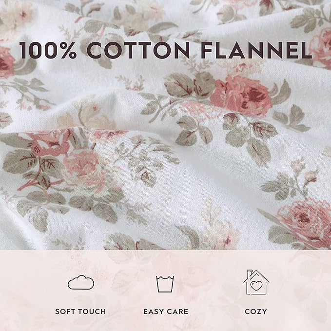 Laura Ashley - Flannel Sheets King Size, Anti-Pilling & Wrinkle Resistant Cotton, Touchably Soft for All-Season Comfort - Bed Sheets with Matching Pillowcases & Fitted Sheet (Lisalee Pink)