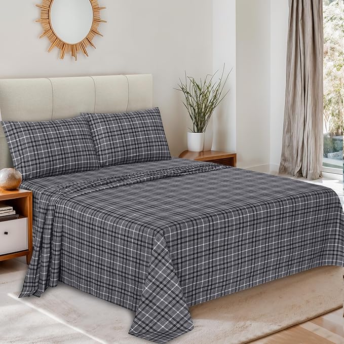 RUVANTI Flannel Sheets Full Size - 100% Cotton Double Brushed Bed Sheets Set, Deep Pockets 16 Inches, All Seasons Breathable & Extra Soft Full Sheets, Warm & Cozy, 4 Piece, Grey Plaid