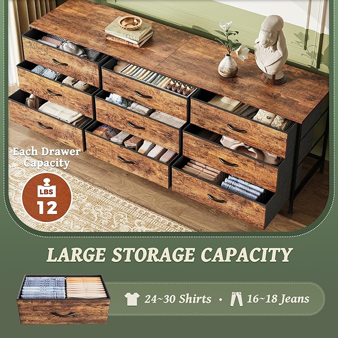 Huuger 63 Inch Dresser for Bedroom, Dresser for Closet with 9 Drawers, Large TV Stand for 55, 65, 70 Inch TV, Entertainment Center with Storage, Wide Long Chest of Drawers, Rustic Brown