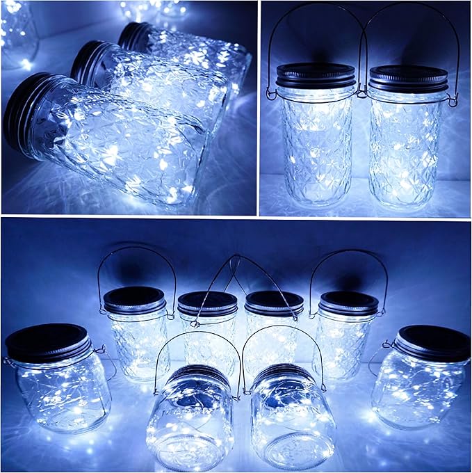 Solar Mason Jar Lid String Lights, 8 Pack 20 Led String Fairy Star Firefly Jar Lids Lights with 8 Hangers Included (Jars Not Included), for Mason Jar Patio Garden Wedding Lantern