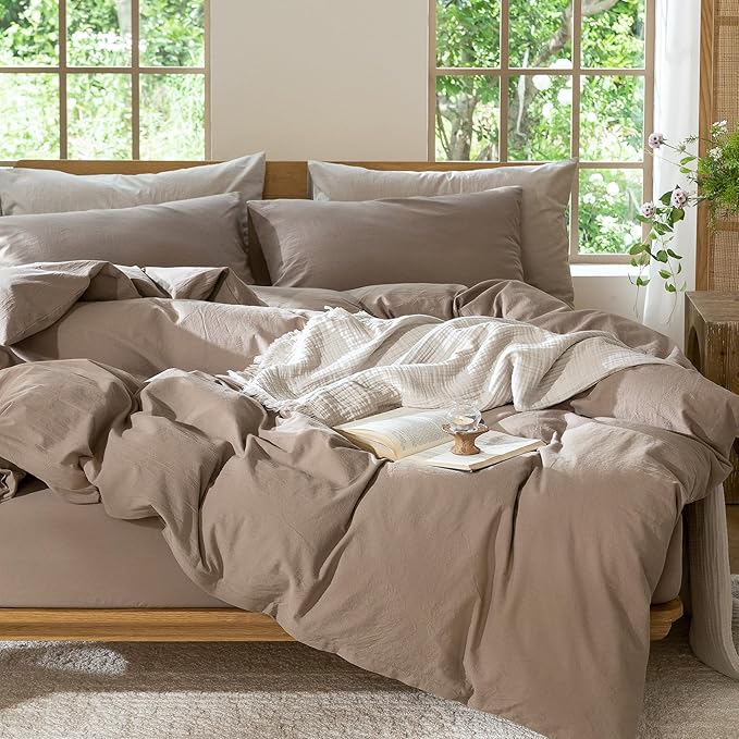 MooMee Bedding Duvet Cover Set 100% Washed Cotton Linen Like Textured Breathable Durable Soft Comfy (Solid Brown, Super King 108"x98")