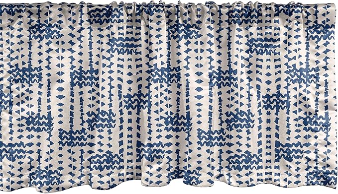 Ambesonne Ethnic Window Valance, Messy Waves and Small Triangles Indonesian Traditional Pattern Watercolors, Curtain Valance for Kitchen Bedroom Decor with Rod Pocket, 54" X 12", Navy Blue and Cream