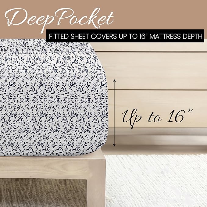 Linen Market Double-Brushed Patterned Microfiber California King Sheet Set 4 Piece – OEKO-TEX Certified Ultra Soft & Wrinkle-Free - 16" Deep Pocket Sheets Easy Care Cal-King Size - Burst of Vines Navy