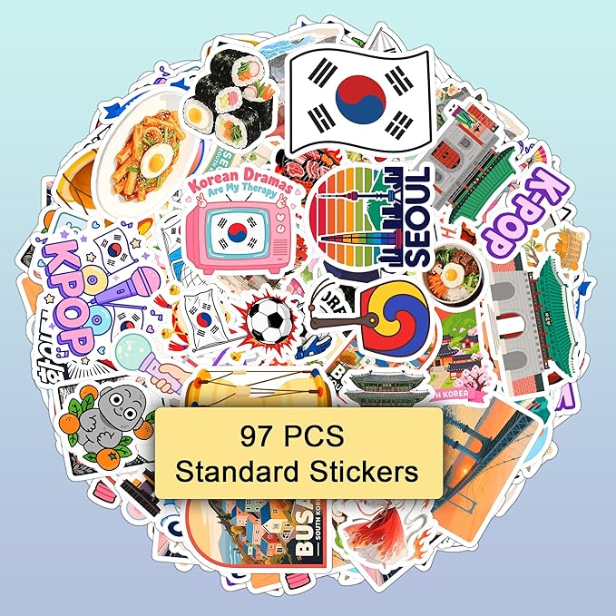 100 PCS South Korea Stickers – Korean Travel Icons, Food & Culture Vinyl Waterproof Decals for Laptop, Scrapbook, Water Bottle, Car, Guitar – Fun Gift for Teens & Adults