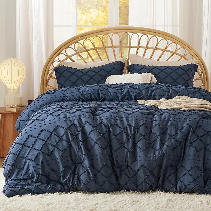 Bedsure King Comforter Set - Navy Blue Comforter, Boho Tufted Shabby Chic Bedding for Kids, 3 Pieces Vintage Farmhouse Bed Set for All Seasons, Fluffy Soft Bedding with 2 Pillow Shams