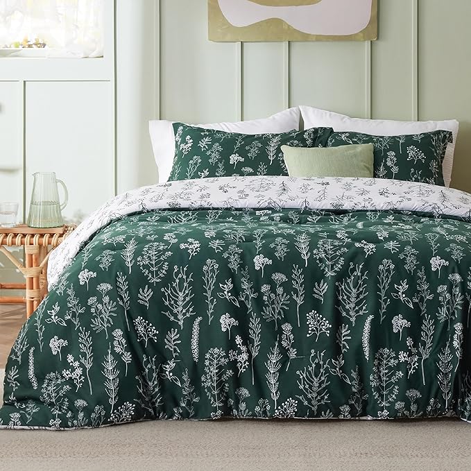 Bedsure Twin/Twin XL Comforter Set - Emerald Bed Set, 2 Pieces Cute Floral Bedding, 1 Soft Reversible Botanical Flowers Comforter and 1 Pillow Sham