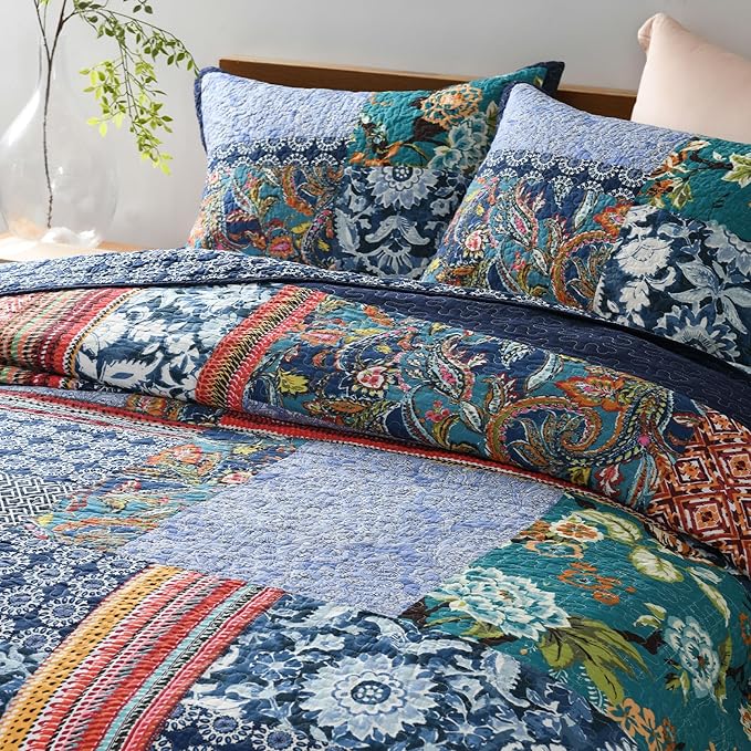 Secgo Twin Size Quilt Size - 100% Cotton Twin Comforter Set Bedding Sets (68 * 86 Inch) with 2 Pillow Shams, Patchwork Reversible Lightweight Bedspread