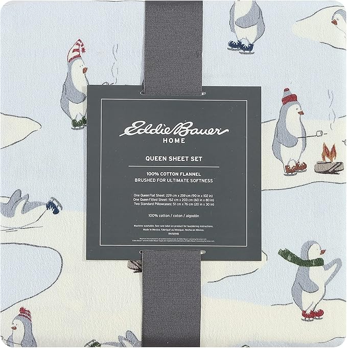 Eddie Bauer - Queen Sheets, Cotton Flannel Bedding Set, Brushed For Extra Softness, Cozy Home Decor (Skating Penguin, Queen)