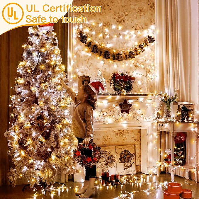 Ollny Warm White and Cool White Christmas Lights Waterproof, 400LED 131FT String Lights with Remote 3 Timer, Plug in 8 Modes Fairy Light for Xmas Tree Indoor Bedroom House Decorations