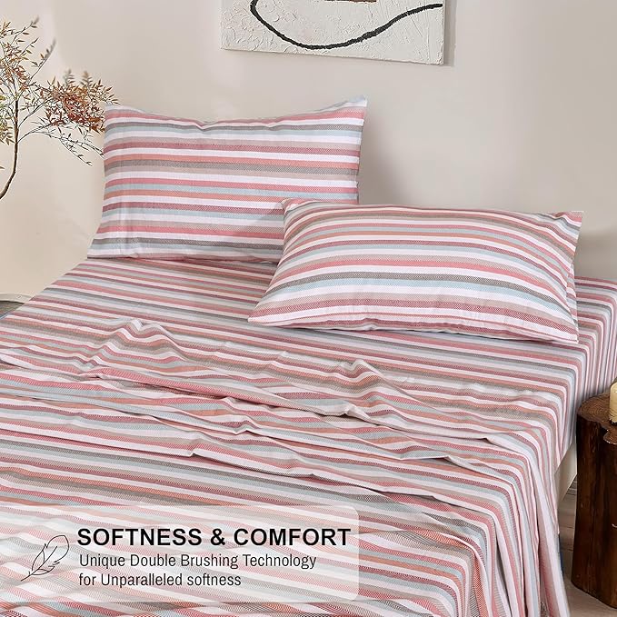 RUVANTI Flannel Sheets Full Size - 100% Cotton Double Brushed Bed Sheets Set, Deep Pockets 16 Inches, All Seasons Breathable & Extra Soft Full Sheets, Warm & Cozy, 4 Piece, Multi Chevron Stripe