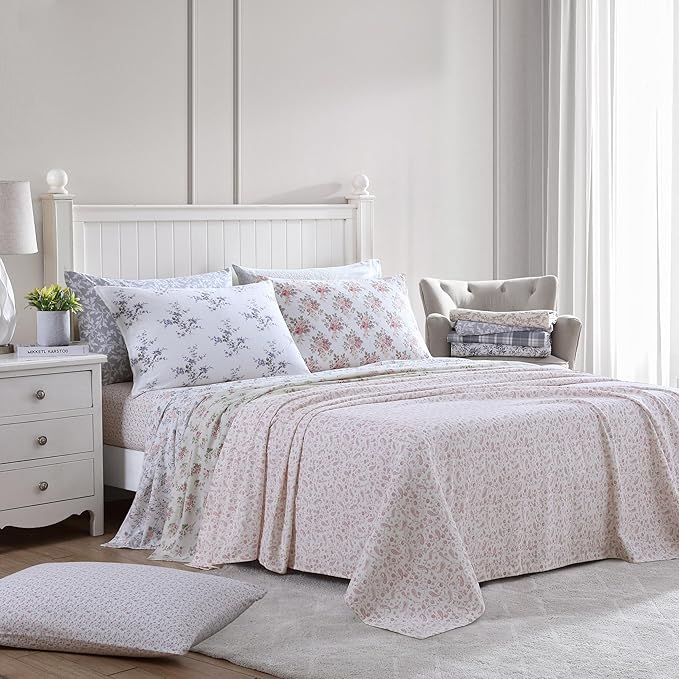 Laura Ashley - Flannel Sheets King Size, Anti-Pilling & Wrinkle Resistant Cotton, Touchably Soft for All-Season Comfort - Bed Sheets with Matching PIllowcasess & Fitted Sheet (Fawna Grey)