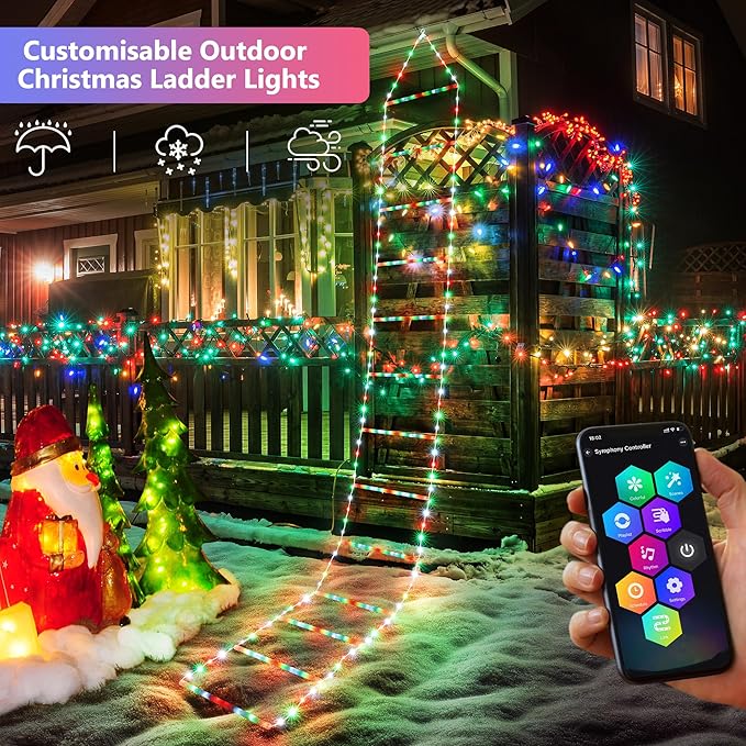Toodour Outdoor Christmas Decorations Lights, Smart RGB Christmas Lights with Bluetooth & App Controlled, 10ft LED Ladder Light, Music Sync Color Changing Xmas Light for Home, Wall, Indoor Decor