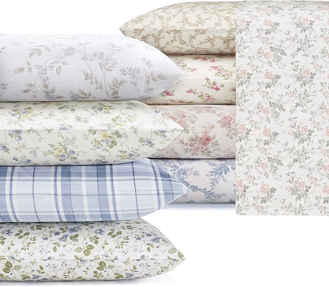 Laura Ashley - Flannel Sheets Twin Size, Anti-Pilling & Wrinkle Resistant Cotton, Touchably Soft for All-Season Comfort - Bed Sheets with Matching Pillowcase & Fitted Sheet (Fawna Grey)