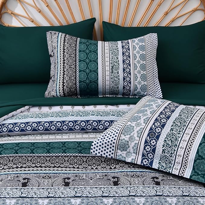 Cottolester Boho Comforter Set King Size,8 Pieces Emerald Green Bohemian Striped Bed in a Bag,Paisley Soft Microfiber Bedding Comforter Set