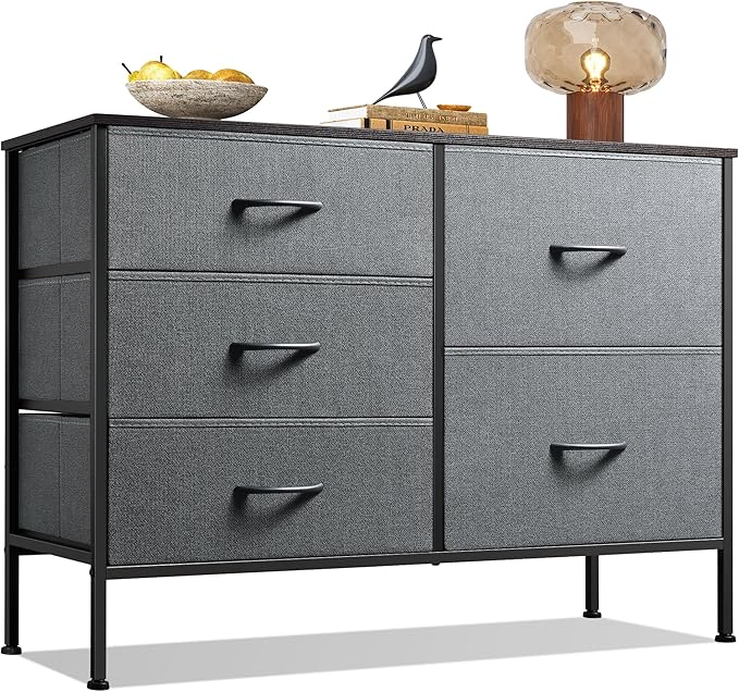 WLIVE Dresser for Bedroom with 5 Drawers, Wide Bedroom Dresser with Drawer Organizers, Chest of Drawers, Fabric Dresser for Living Room, Closet, Hallway, Dark Grey