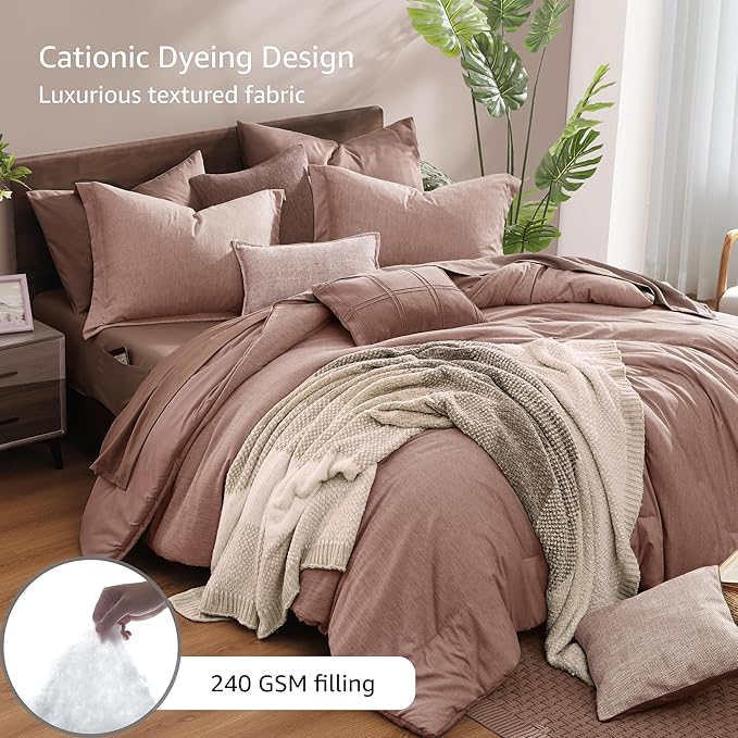 Monbix Queen Comforter Set - 7 Pieces Dusty Pink Cationic Dyeing Bed in a Bag Queen Bedding Sets with Sheets, Pillowcases & Shams, Reversible Bedding Comforters
