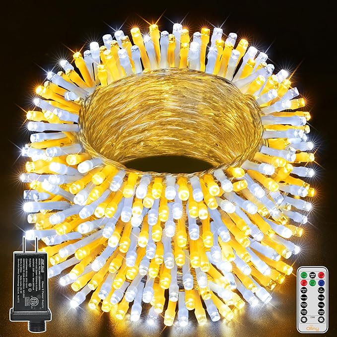 Ollny Warm White and Cool White Christmas Lights Waterproof, 400LED 131FT String Lights with Remote 3 Timer, Plug in 8 Modes Fairy Light for Xmas Tree Indoor Bedroom House Decorations