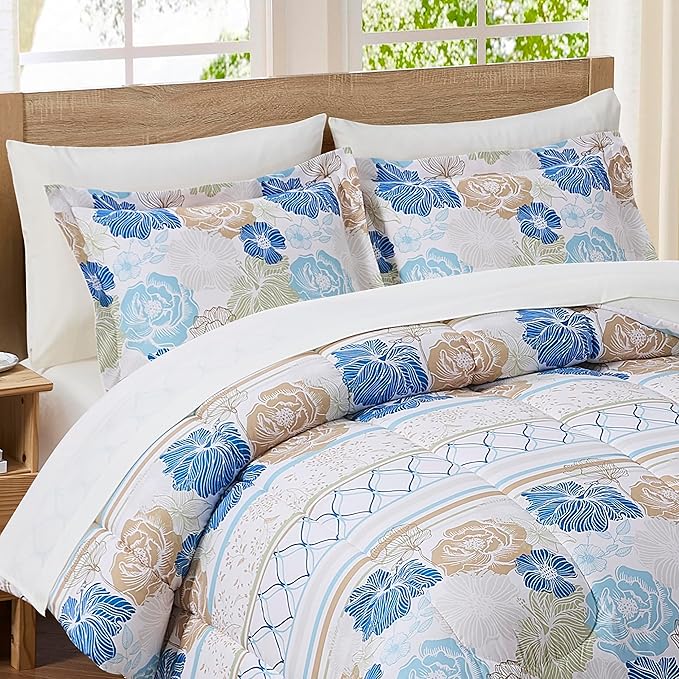 Floral Comforter Set Twin Size with Sheets Bed in a Bag – Deep Pocket Fitted Sheet with Elastic Corners, Cozy Comforter, Pillowcases & Shams – Soft Microfiber All Season Bedding – Machine Washable