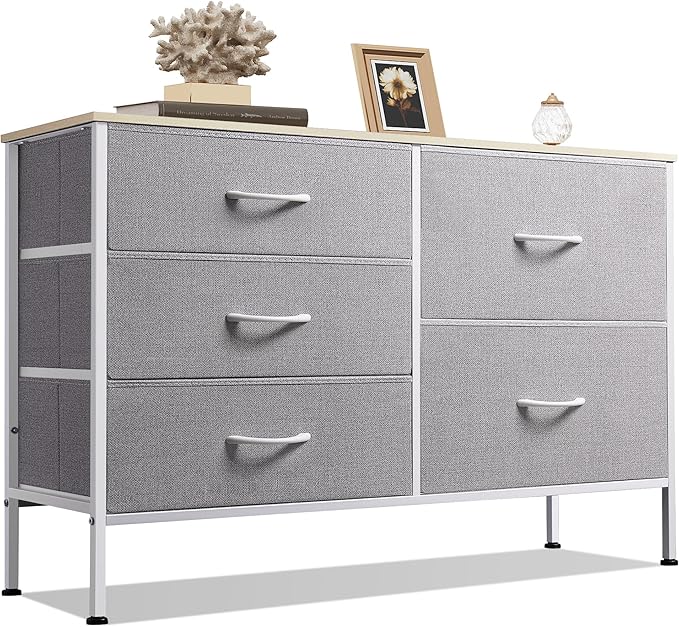 WLIVE Dresser for Bedroom with 5 Drawers, Wide Bedroom Dressers with Drawer Organizers, Chest of Drawers, Fabric Dresser for Living Room, Closet, Hallway, Light Grey