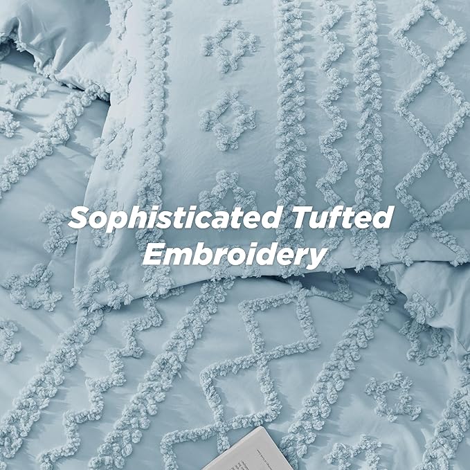 Bedsure Tufted Boho Comforter Set Twin Size - Dusty Blue Boho Bed Set, GentleSoft™ 2 Pieces Farmhouse Shabby Chic Embroidery Bedding, Gifts for Woman, Soft Jacquard Twin Comforter for All Seasons