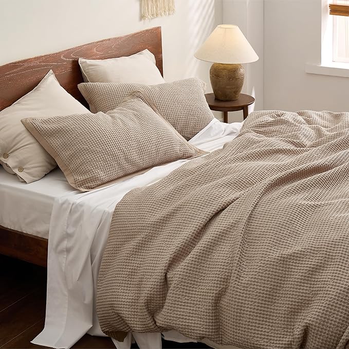 Bedsure Cotton Duvet Cover Twin - 100% Cotton Waffle Weave Khaki Duvet Cover Twin Size, GentleSoft™ and Breathable Tan Bedding Set for All Season, 2 Pieces, 68"x90"