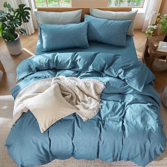 MooMee Bedding Duvet Cover Set 100% Washed Cotton Linen Like Textured Breathable Durable Soft Comfy (Heathered Peacock Blue, Twin 68"x90")
