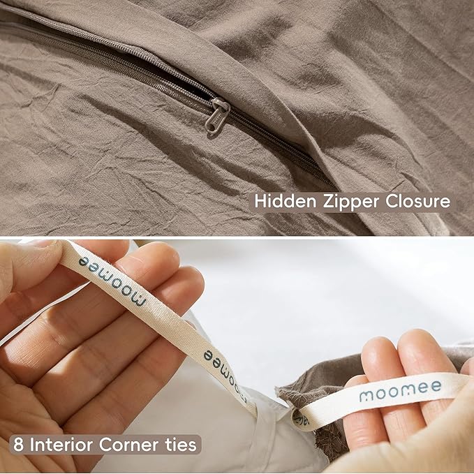 MooMee Bedding Duvet Cover Set 100% Washed Cotton Linen Like Textured Breathable Durable Soft Comfy (Solid Brown, Queen 90"x90")