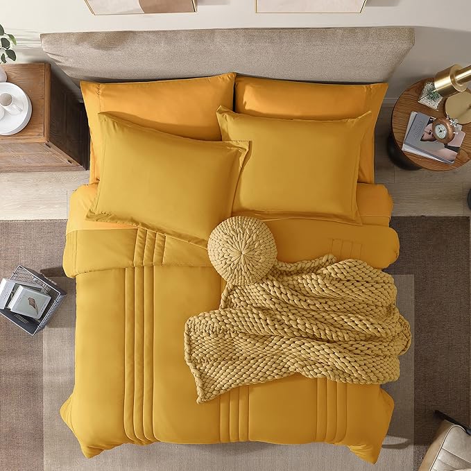 Monbix Queen Comforter Set - 7 Pieces Bright Yellow Bed in a Bag Queen Bedding Sets with Comforters, All Seasons Down Alternative Comforter Bed Set with Sheets,Pillowcases & Shams