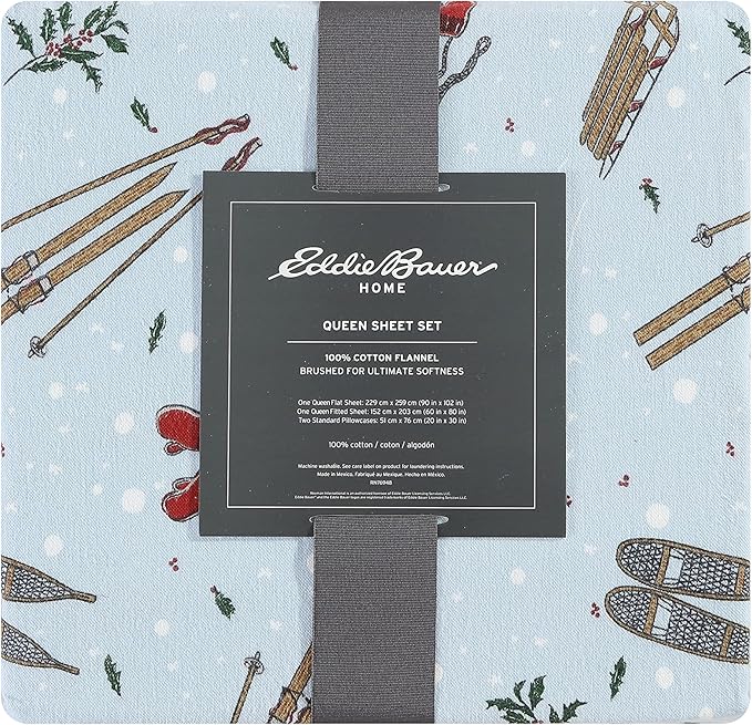 Eddie Bauer - Full Sheets, Cotton Flannel Bedding Set, Brushed For Extra Softness, Cozy Home Decor (Snow Days, Full)