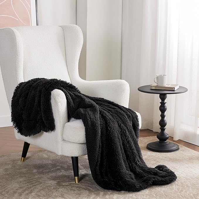 Bedsure GentleSoft Fuzzy Sherpa Faux Fur Twin Blanket Black Cozy Gifts for Women Men, Soft Fleece Plush Warm Minky Thick Blanket Twin Size for Bed, Couch, Dorm Essentials Black Decor Gifts, 60x80