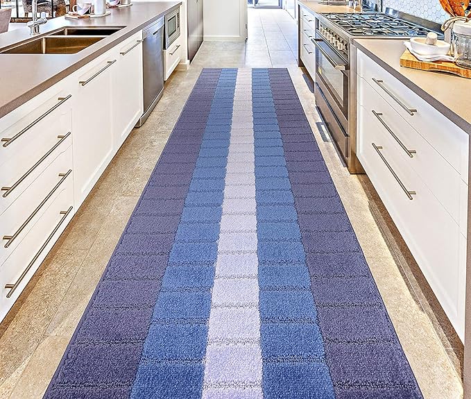 Custom Size Coastal Nautical Style Runner Rug Carpet for Hallway Entryway, Slip Resistant Latex Rubber Backed, 31 inch Wide X Customized Length, Squares Blue, 31 inch X 5 feet