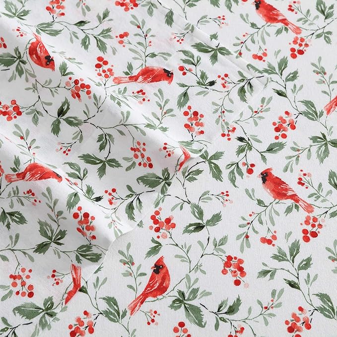Laura Ashley - Flannel Sheets King Size, Anti-Pilling & Wrinkle Resistant Cotton, Touchably Soft for All-Season Comfort - Bed Sheets with Matching Pillowcases & Fitted Sheet (Jolly Cardinals Green)