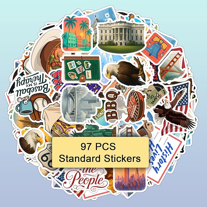100 PCS USA Travel Stickers Pack – American Quotes, Food & Culture Vinyl Waterproof Decals for Laptop, Water Bottle, Scrapbook, Hard Hat, Car Gift for Kids, Teens, Adults
