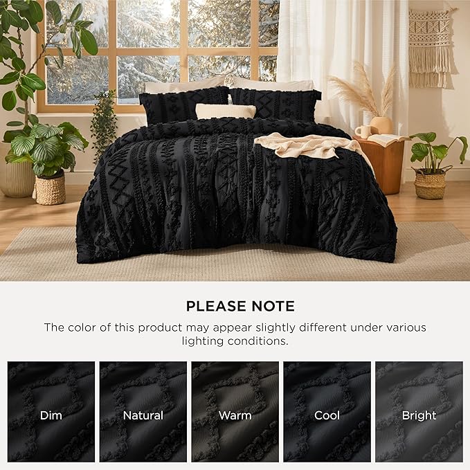 Bedsure Tufted Boho Comforter Set Oversized King - Black Boho Bed Set, GentleSoft™ 3 Pieces Farmhouse Shabby Chic Embroidery Bedding, Gifts for Woman, Soft Jacquard Comforter for All Seasons