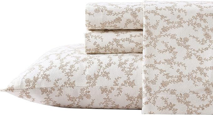 Laura Ashley - Flannel Sheets Twin Size, Anti-Pilling & Wrinkle Resistant Cotton, Touchably Soft for All-Season Comfort - Bed Sheets with Matching Pillowcase & Fitted Sheet (Victoria Beige)