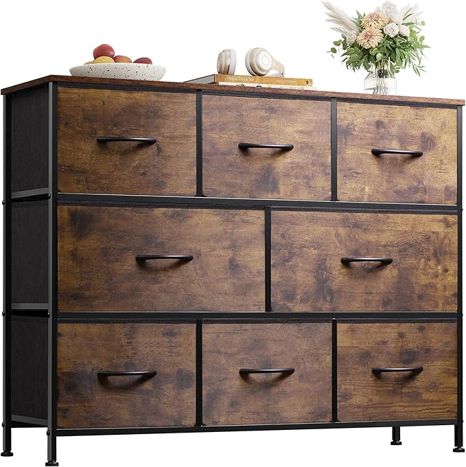 WLIVE 8 Drawer Dresser for Bedroom, Fabric Dresser with Large Storage Drawer Unit for Entryway, Chest of Drawers for Living Room, Rustic Brown