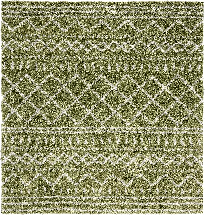 SAFAVIEH Arizona Shag Collection Accent Rug - 3'2" Square, Green & Ivory, Moroccan Design, Non-Shedding & Easy Care, 1.6-inch Thick, Ideal for The Living Room, Dining, Bedroom (ASG741X)