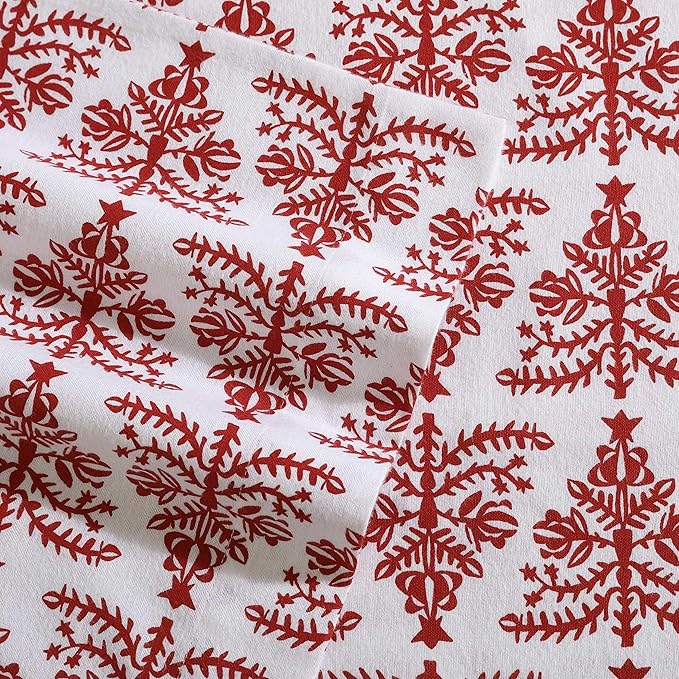 Eddie Bauer - Flannel Sheets Queen Size, Anti-Pilling & Wrinkle Resistant Cotton, Touchably Soft for All-Season Comfort - Bed Sheets with Matching Pillowcases & Fitted Sheet (Jolly Trees Red)