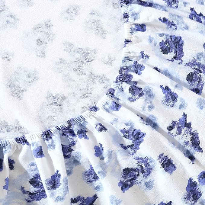 Laura Ashley - Flannel Sheets Queen Size, Anti-Pilling & Wrinkle Resistant Cotton, Touchably Soft for All-Season Comfort - Bed Sheets with Matching Pillowcases & Fitted Sheet (Emelisa Blue)