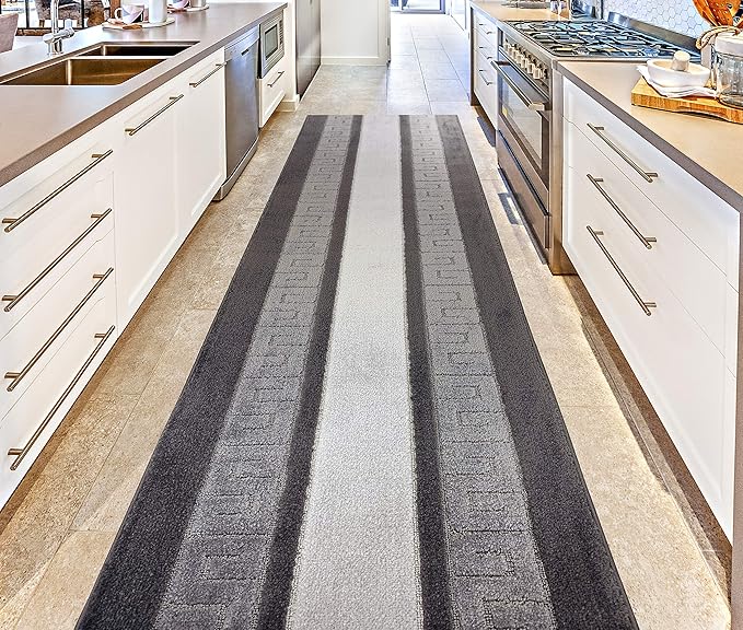 Custom Length Cut to Size Ancient Latin Hellenic Motif Carpet Runner Rug for Hallways, Non Slip Rubber Backed, 31 inch Wide X Customized Length, Greek Key Grey, 31 inch X 16 feet
