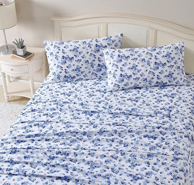 Laura Ashley - Flannel Sheets Full Size, Anti-Pilling & Wrinkle Resistant Cotton, Touchably Soft for All-Season Comfort - Bed Sheets with Matching Pillowcases & Fitted Sheet (Emelisa Blue)