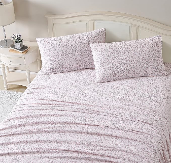 Laura Ashley - Flannel Sheets King Size, Anti-Pilling & Wrinkle Resistant Cotton, Touchably Soft for All-Season Comfort - Bed Sheets with Matching Pillowcases & Fitted Sheet (Paisley Prance Pink)