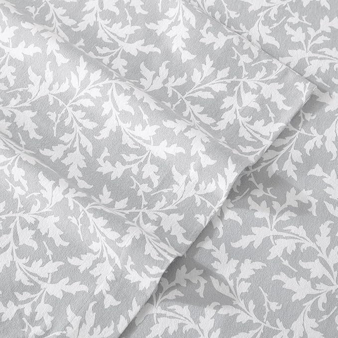 Laura Ashley - Flannel Sheets Twin Size, Anti-Pilling & Wrinkle Resistant Cotton, Touchably Soft for All-Season Comfort - Bed Sheets with Matching Pillowcase & Fitted Sheet (Crestwood Pastel Grey)